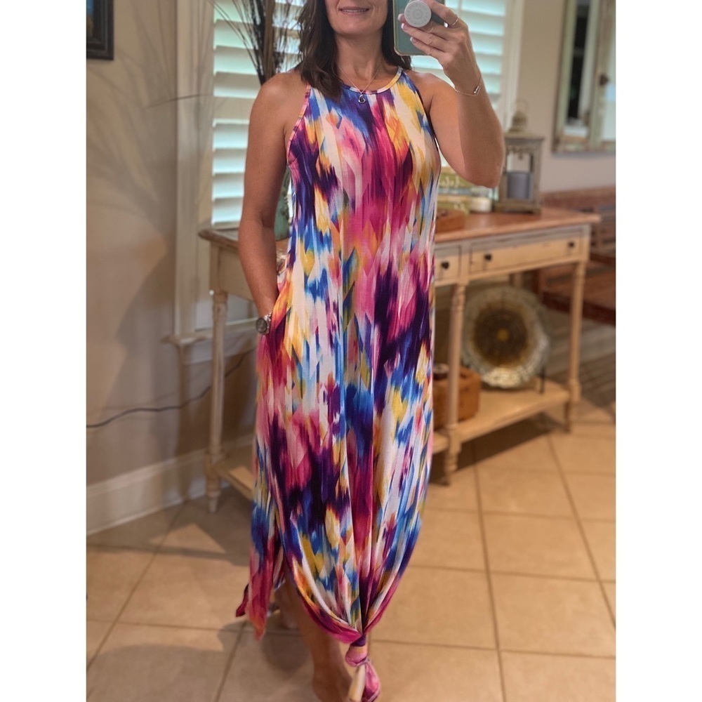 Vibrant Tie Dye Long Tank Maxi Dress Pockets 3020 - Picture 2 of 5